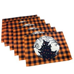 Set of 6 Halloween Placemats Black Cats Orange Black Buffalo Plaid Fall Decor‎